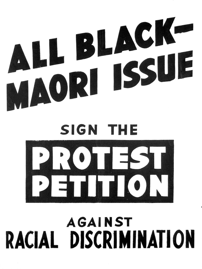 Black and white poster saying All Black - Maori Issue

Sign the protest petition against racial discrimination.